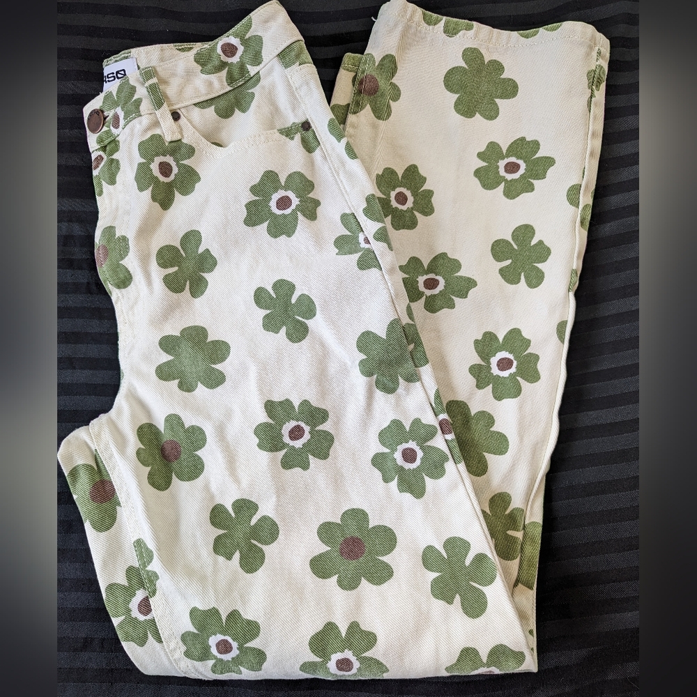 RSQ High Rise Jeans with Green Floral Pattern
